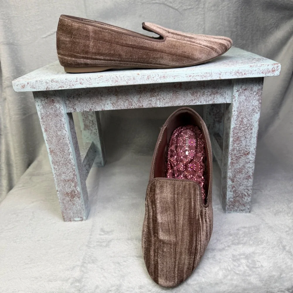 Birdies Donqun Velvet Loafers Womens 7 Brown Pleated Quilted Smoking Slippers